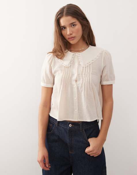 Reclaimed Vintage soft shirt with peter pan collar in ivory - view 1