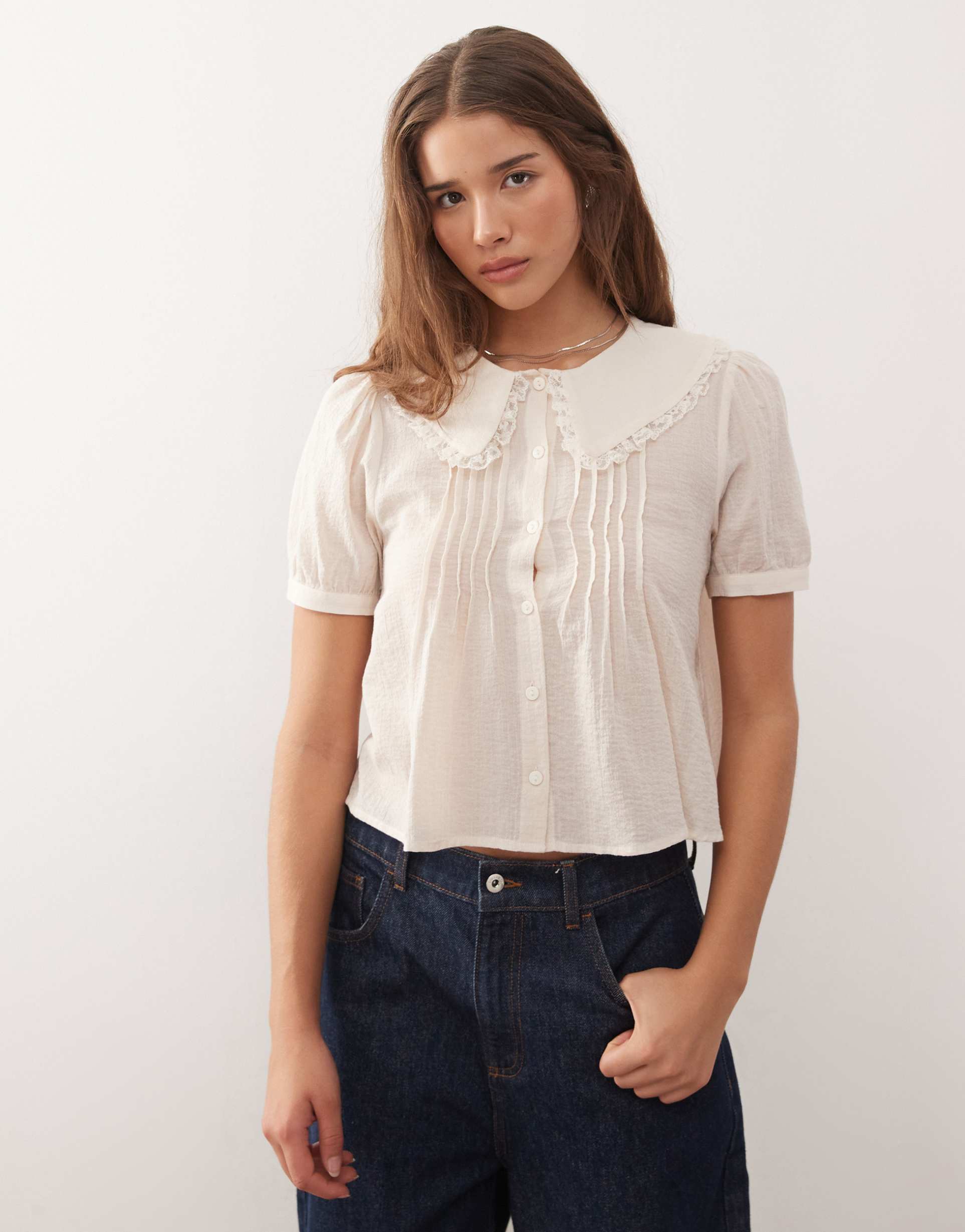 reclaimed vintage soft shirt with peter pan collar in ivory