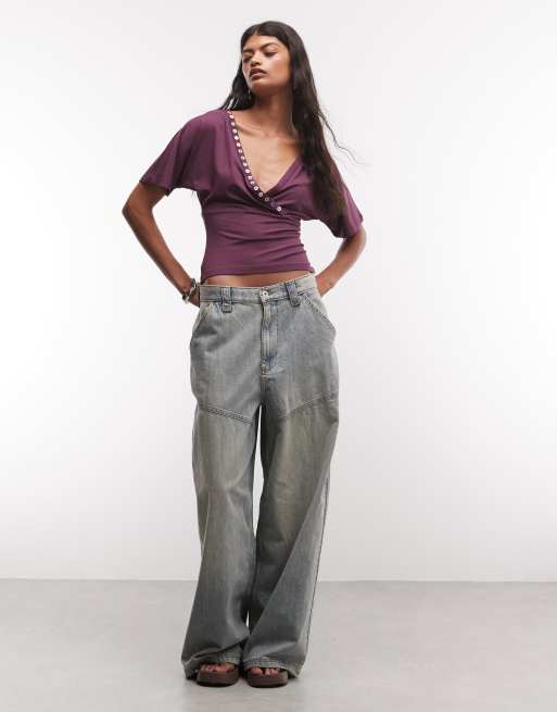 Reclaimed Vintage soft touch wrap top with button detail in burgundy, 2 of 4