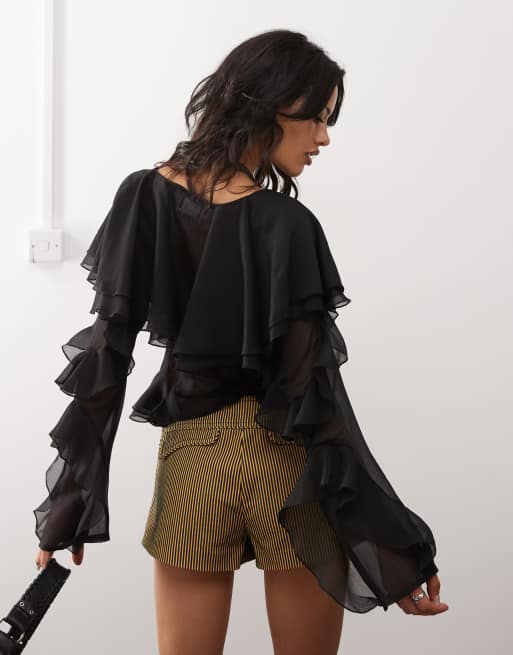 Reclaimed Vintage - Sort boho-bluse med flæser, 2 af 4