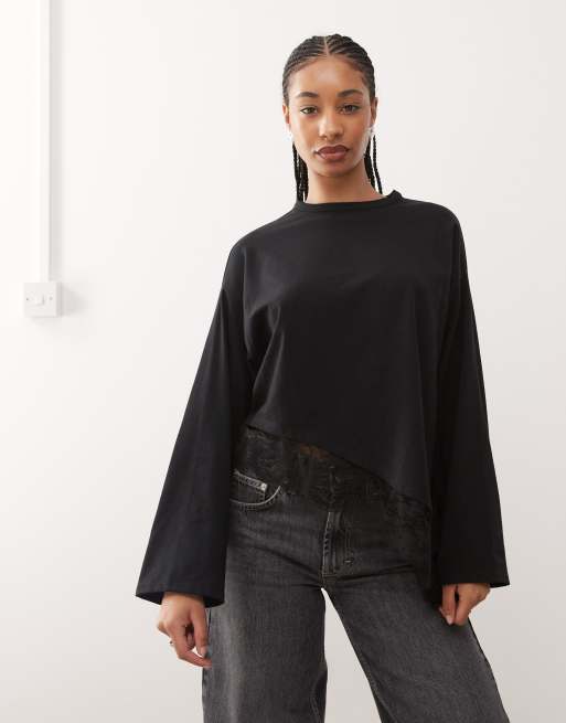 Reclaimed Vintage - Sort top med ærmer med svaj og asymmetrisk blondekant