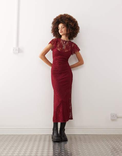 Reclaimed Vintage – Spitzen-Maxikleid in Burgunderrot mit Unterkleid - view 1