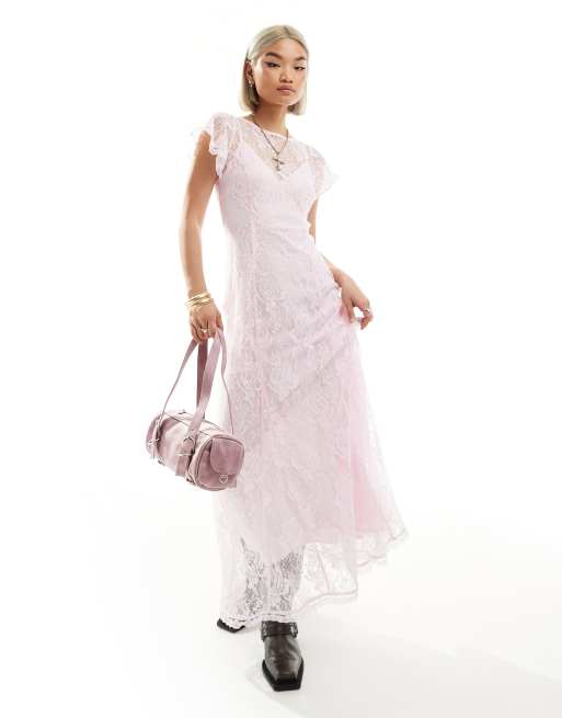Reclaimed Vintage – Spitzenkleid in Rosa mit Unterkleid