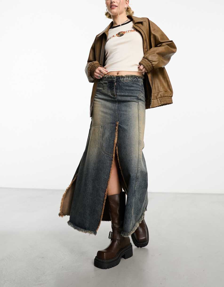 Reclaimed Vintage spliced denim maxi skirt in Y2K wash