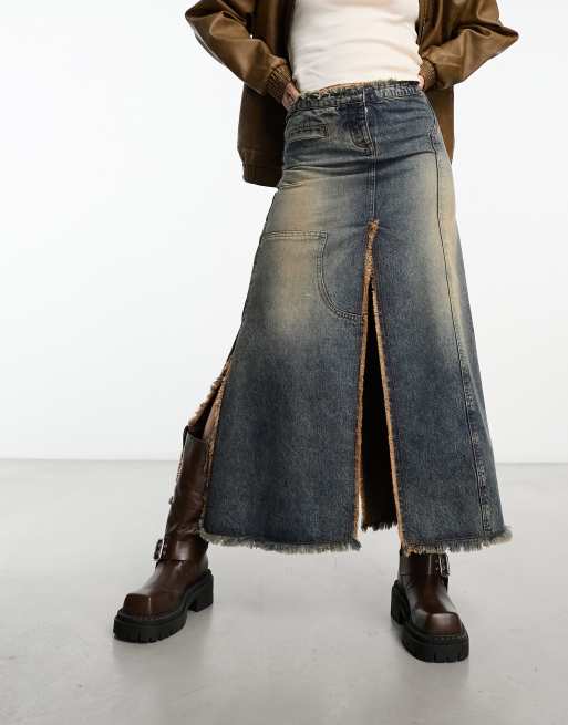 Reclaimed Vintage spliced denim maxi skirt in Y2K wash