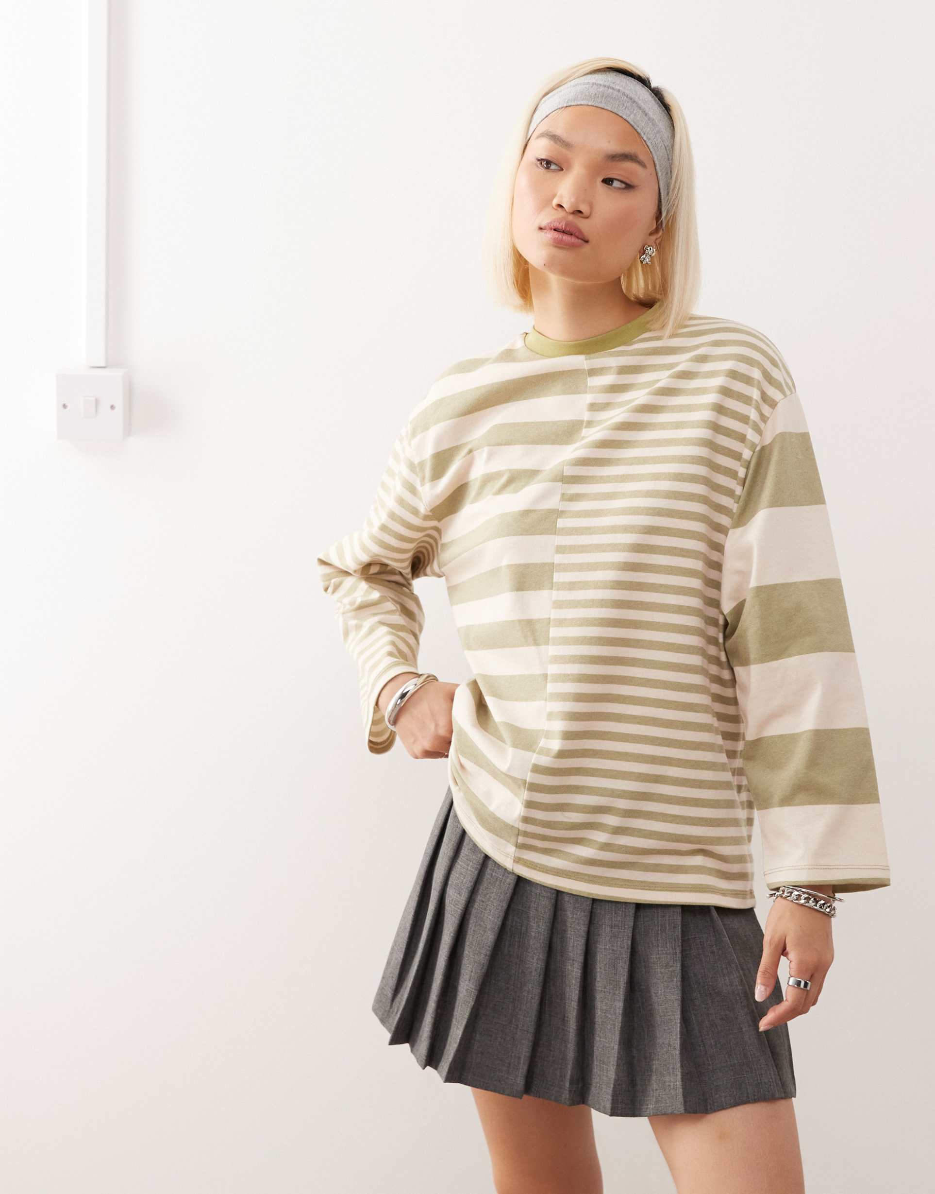 reclaimed vintage spliced mixed stripe long sleeve tee in ecru and khaki