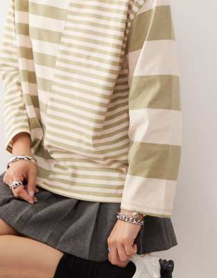 Reclaimed Vintage Spliced Mixed Stripe Long Sleeve Tee In Green