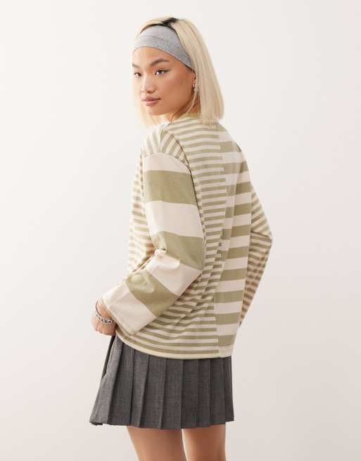 Reclaimed Vintage spliced mixed stripe long sleeve tee in ecru and khaki