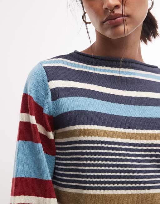 Reclaimed Vintage spliced stripe knitted jumper in blue, 4 of 4