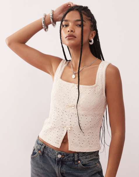 Reclaimed Vintage split front broderie tank in cream - view 1