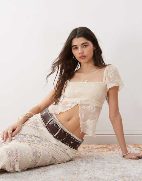 Reclaimed Vintage split front lace top with bow details in ivory - view 1