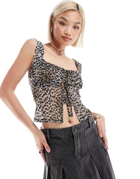 Reclaimed Vintage split front ruched top in leopard print - view 1