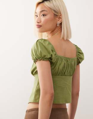 Reclaimed Vintage Split Front Square Neck Top With Ruching Details In Green