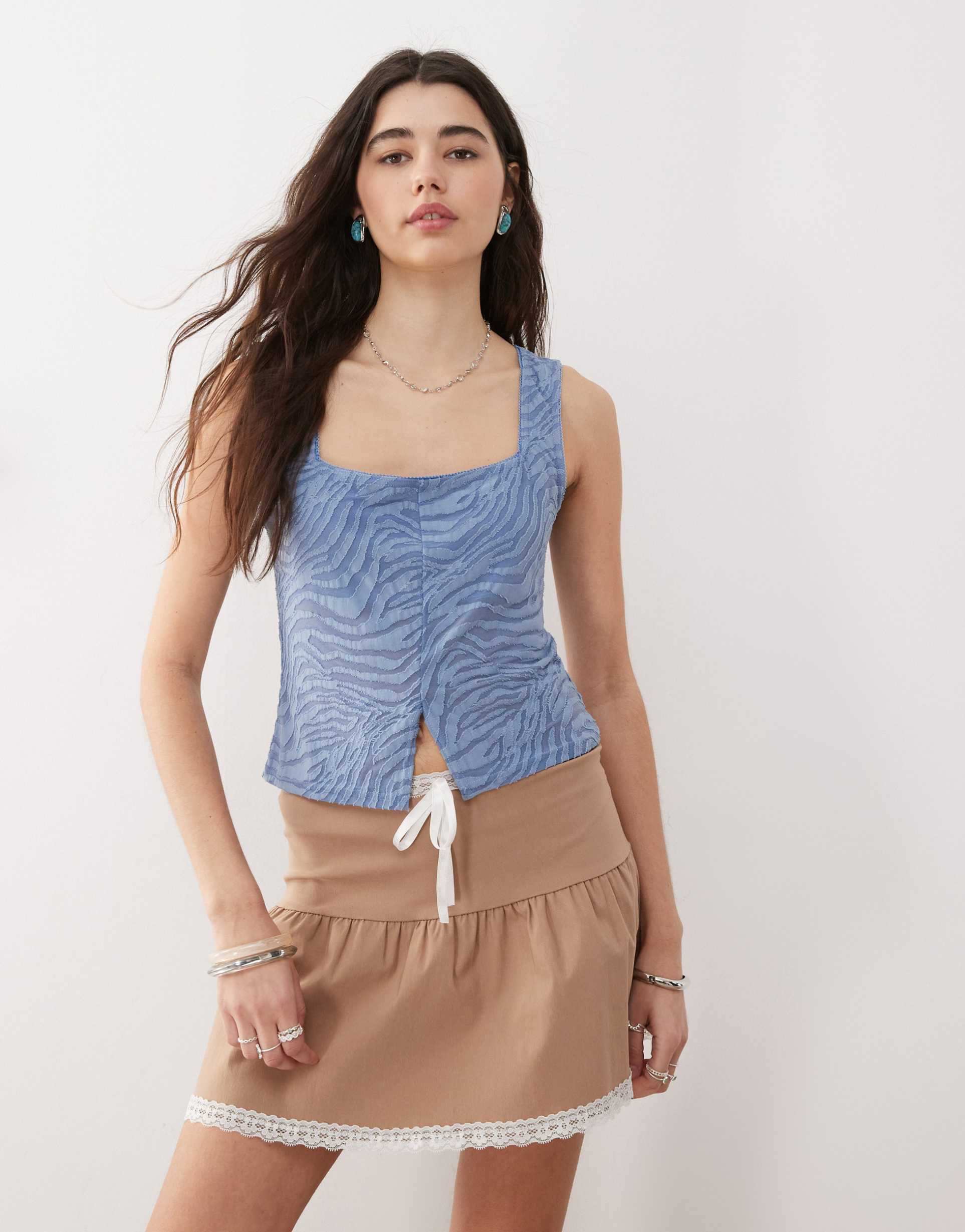 reclaimed vintage split front tank in blue flocked zebra print