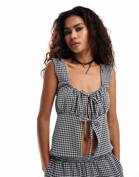 Reclaimed Vintage split front top in gingham - view 1