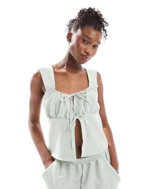 Reclaimed Vintage split front top in green gingham - view 1