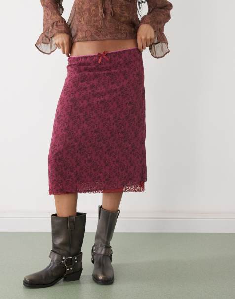 Reclaimed Vintage midi skirt in pink floral print with brown ruffle hem