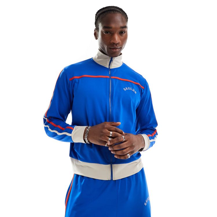 Reclaimed Vintage sports track jacket with stripes and funnel neck in blue  - part of a set
