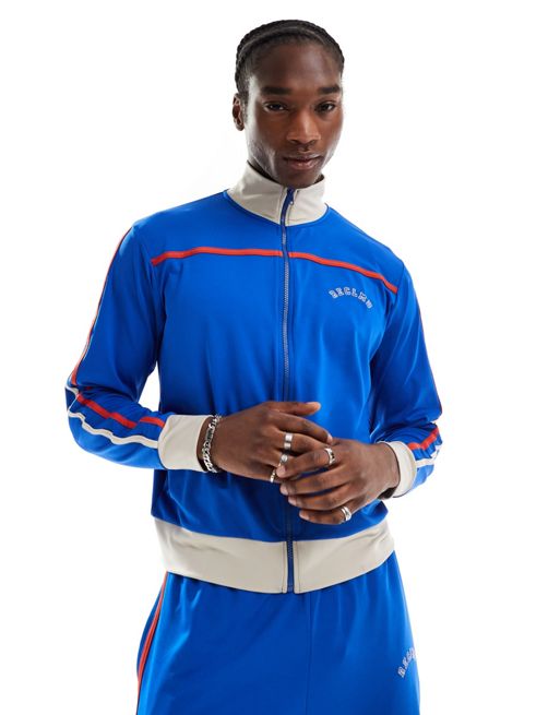 Reclaimed Vintage sports track jacket with stripes and funnel neck in blue (part of a set)