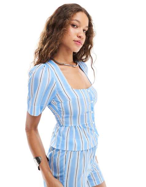 Reclaimed Vintage square neck button up top in blue stripe - view 1
