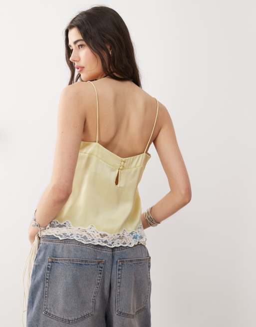 Reclaimed Vintage square neck cami top with lace in butter yellow