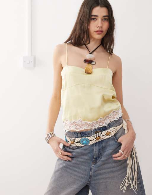 Reclaimed Vintage square neck cami top with lace in lemon yellow