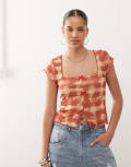 [Reclaimed Vintage] Reclaimed Vintage square neck mesh top in red check floral print L RED