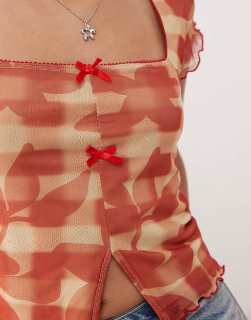 Reclaimed Vintage square neck mesh top in red plaid floral print, 2 of 4