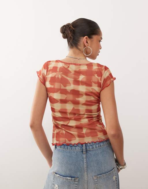 Reclaimed Vintage square neck mesh top in red plaid floral print, 3 of 4