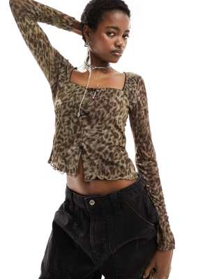 Reclaimed Vintage Square Neck Mesh Top With Bows In Leopard Print-multi