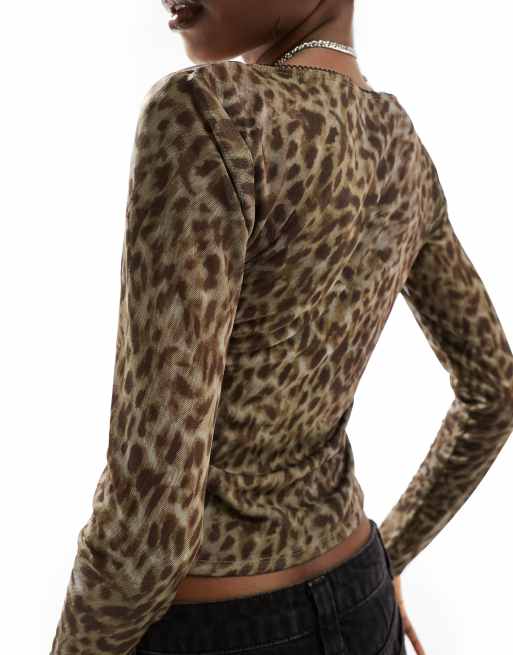 Reclaimed Vintage square neck mesh top with bows in leopard