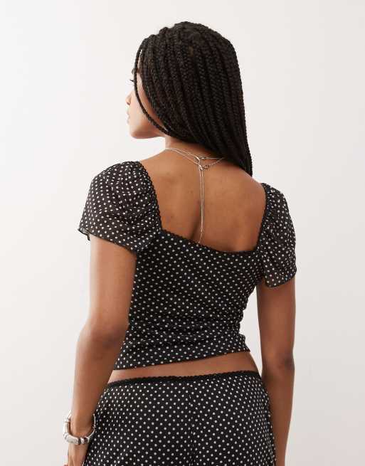 Reclaimed Vintage square neck mesh top with split hem in polka dot print (part of a set), 2 of 4