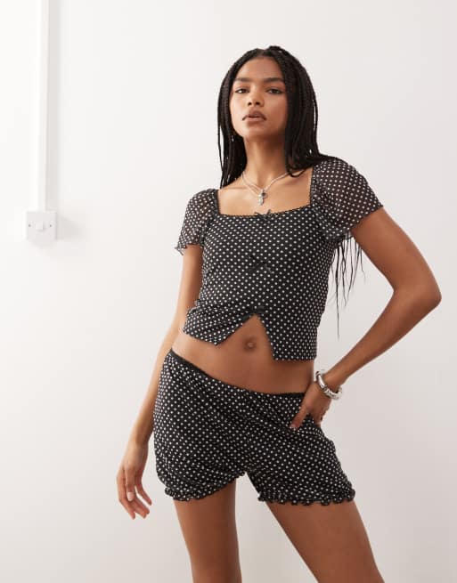 Reclaimed Vintage square neck mesh top with split hem in polka dot print (part of a set), 4 of 4