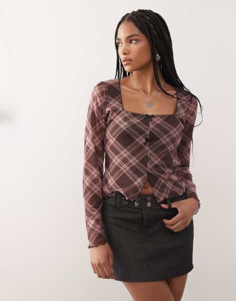 Reclaimed Vintage square neck slit front long sleeve mesh top in pink and burgundy plaid - view 1