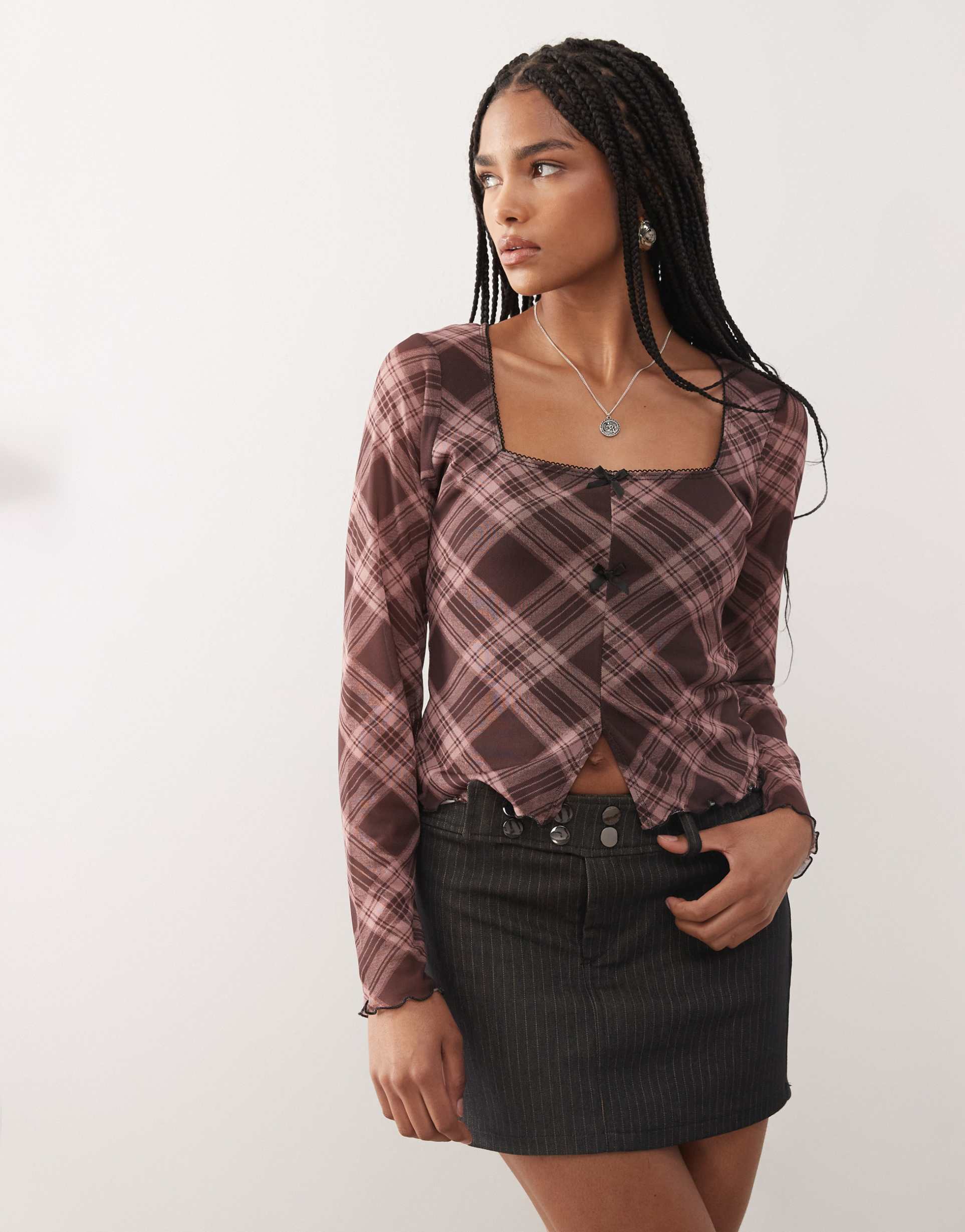 reclaimed vintage square neck slit front long sleeve mesh top in pink and burgundy plaid