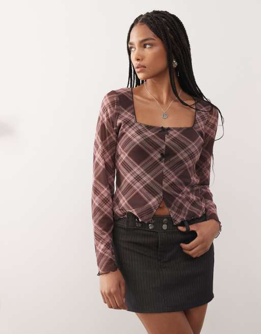 Reclaimed Vintage square neck slit front long sleeve mesh top in pink and burgundy plaid
