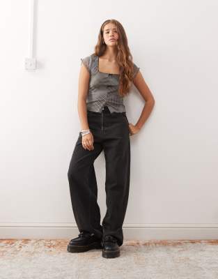 Reclaimed Vintage Square Neck Split Front Mesh Top In Gray