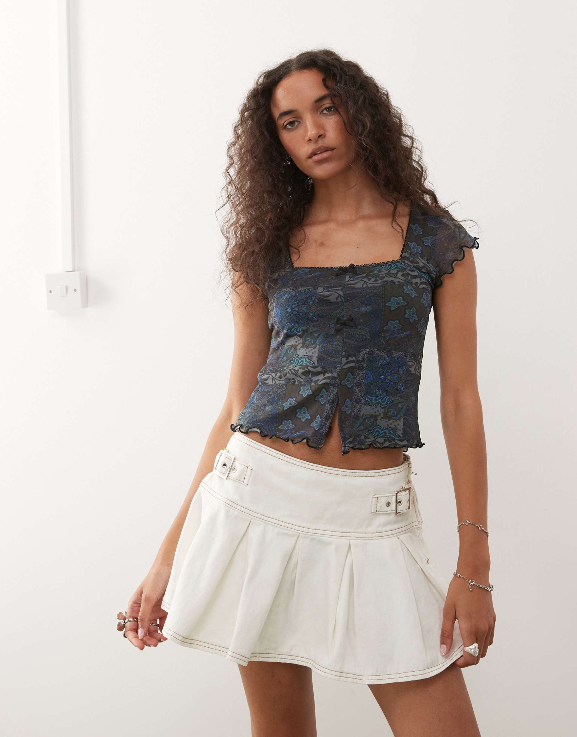 reclaimed vintage square neck split front mesh top in paisley print