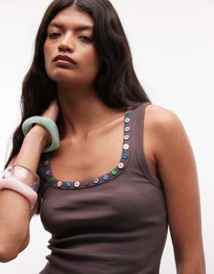 Reclaimed Vintage Square Neck Tank Top With Button Detailing In Brown
