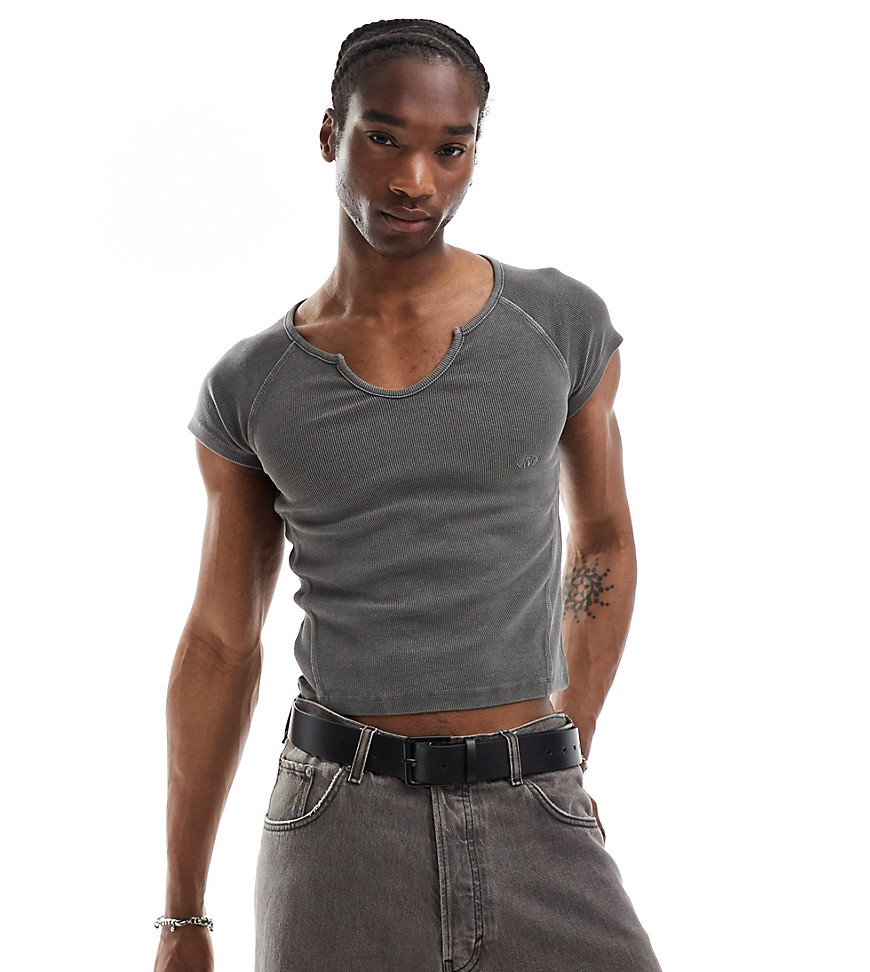 Reclaimed Vintage shrunken ribbed t-shirt with notch neck in washed charcoal-Grey