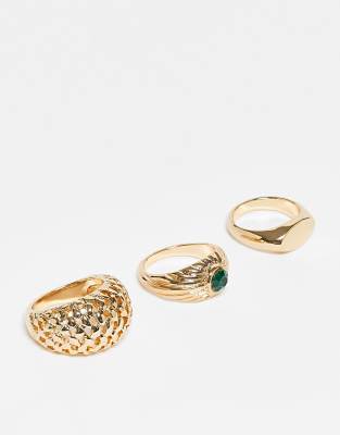 Reclaimed Vintage Stacking Ring 3 Pack With Green Stone In Gold