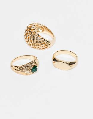 Reclaimed Vintage Stacking Ring 3 Pack With Green Stone In Gold