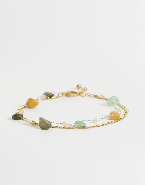 Reclaimed Vintage stainless steel anklet with semi precious stone in gold - view 1