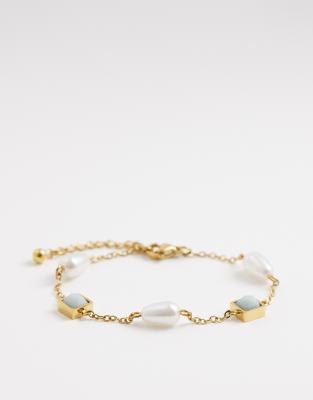 Reclaimed Vintage Stainless Steel Drop Bracelet With Blue Stone And Pearl-multi In Gold