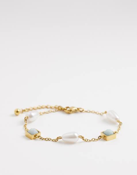 Reclaimed Vintage stainless steel drop bracelet with blue stone with pearl - view 1