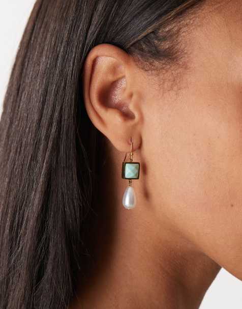 Reclaimed Vintage stainless steel drop earrings with blue stone with pearl - view 1