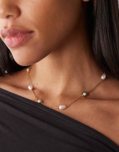 Reclaimed Vintage stainless steel necklace with blue stone with pearl - view 1