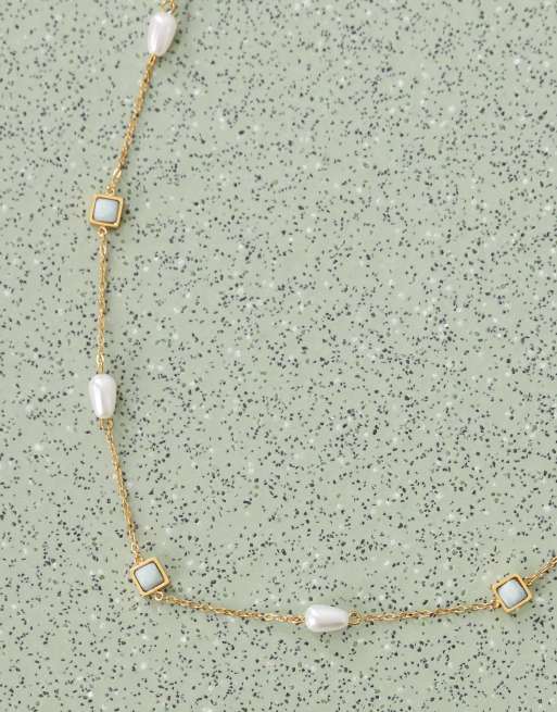Reclaimed Vintage stainless steel necklace with blue stone with pearl, 3 of 3