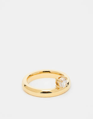 Reclaimed Vintage Stainless Steel Ring With Cubic Zirconia Stone In Gold