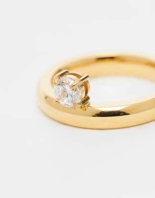 Reclaimed Vintage Stainless Steel Ring With Cubic Zirconia Stone In Gold